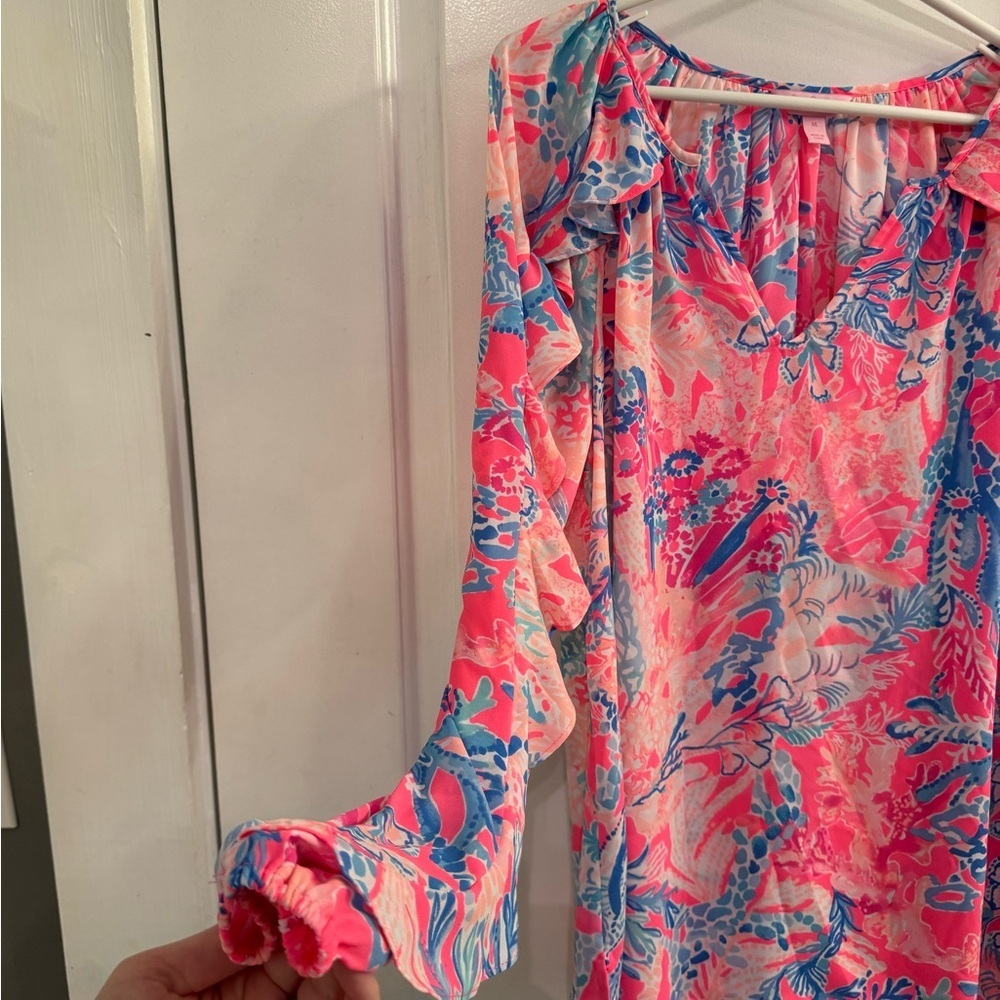 Lilly Pulitzer Elora Ruffle Sleeve Pascha Pink Aquadesiac Top Medium - Picture 4 of 8